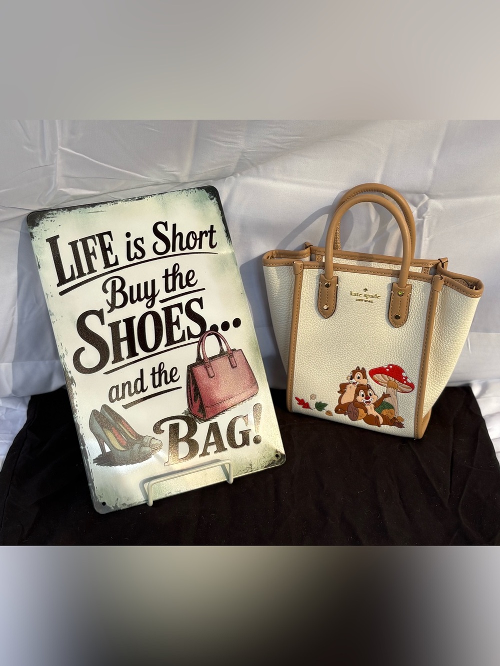 kate spade Cream & Tan Leather Satchel with Chip 'n' Dale Print